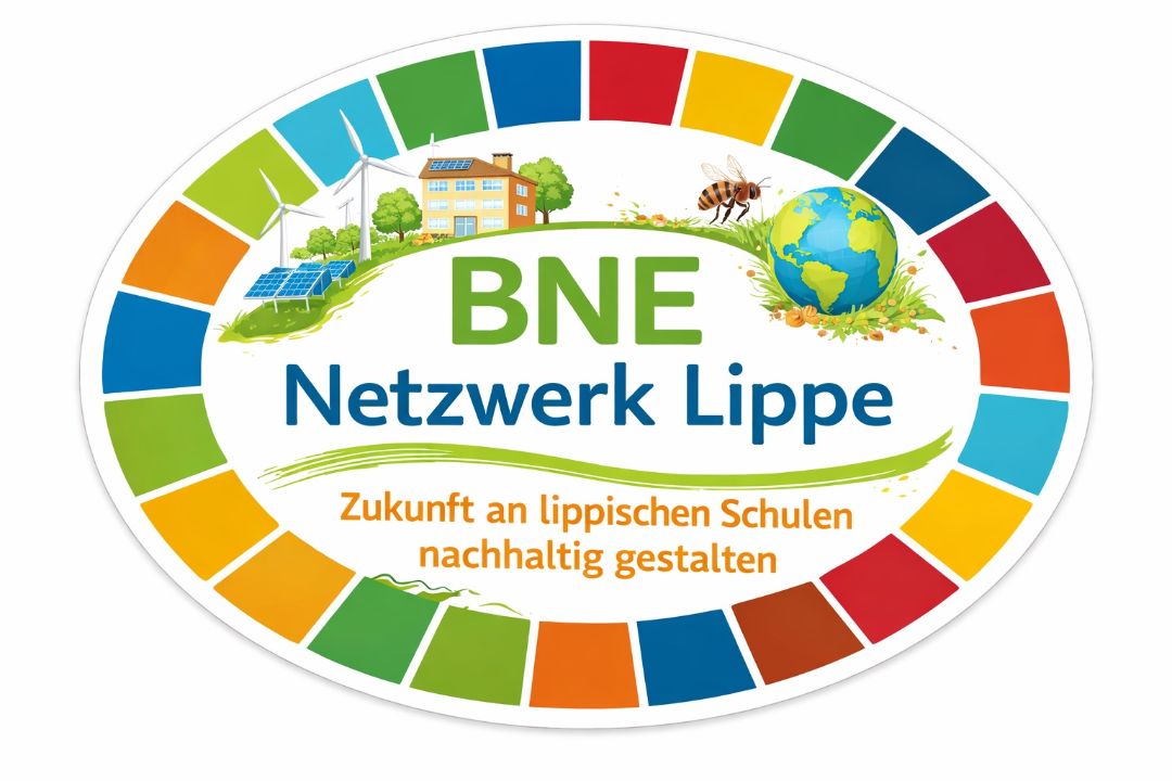 Der Name des Netzwerkes als Logo, rundherum Bilder von einer Schule, einer Biene und Windkraftanlagen
