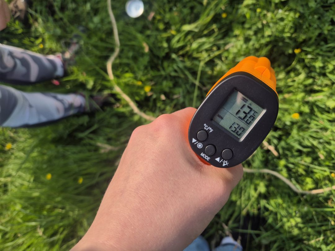 Mit einem Laser-Thermometer wird die Temperatur der Wiese gemessen.