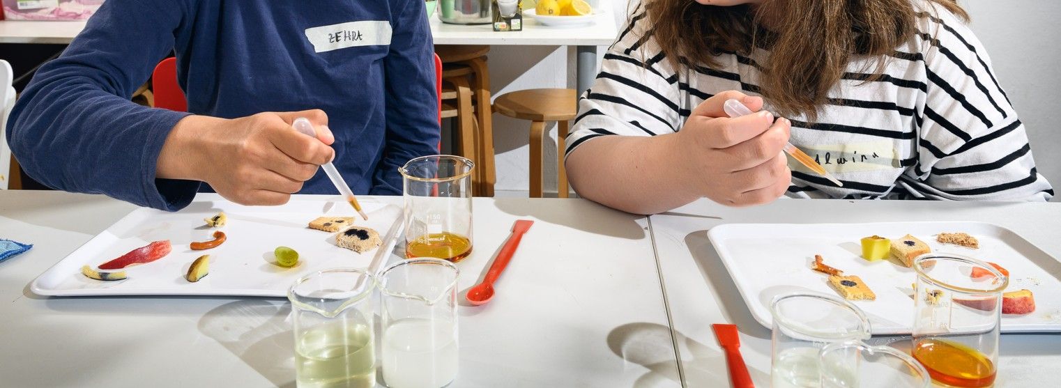 Zwei Personen sitzen an einem Tisch mit Tellern, auf denen kleine Proben von Lebensmitteln liegen, sowie mehreren Gl&auml;sern mit Fl&uuml;ssigkeiten und roten L&ouml;ffeln.