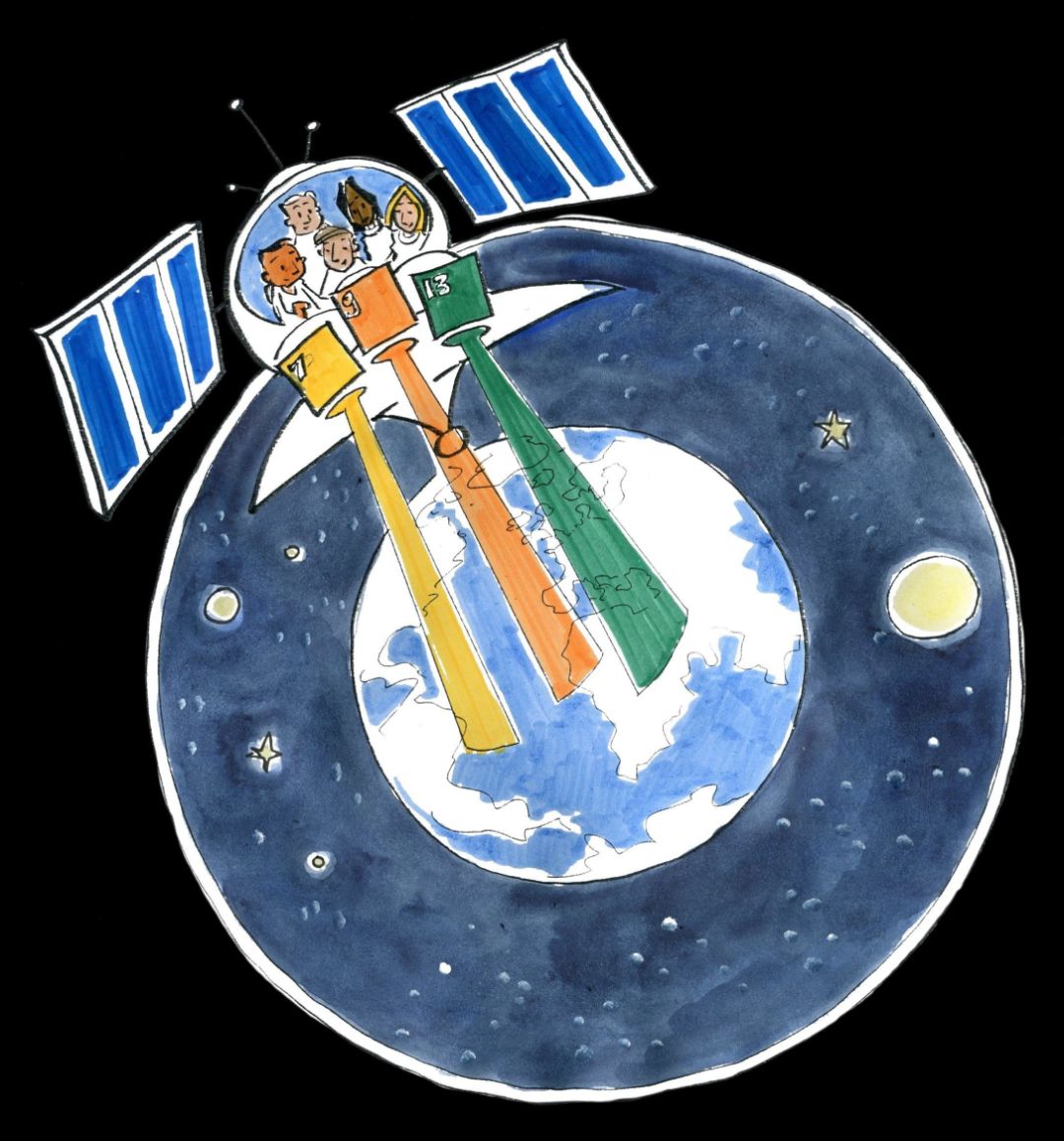 Zeichnung eines Satelliten mit vier Menschen darin. die auf die Erde schauen.