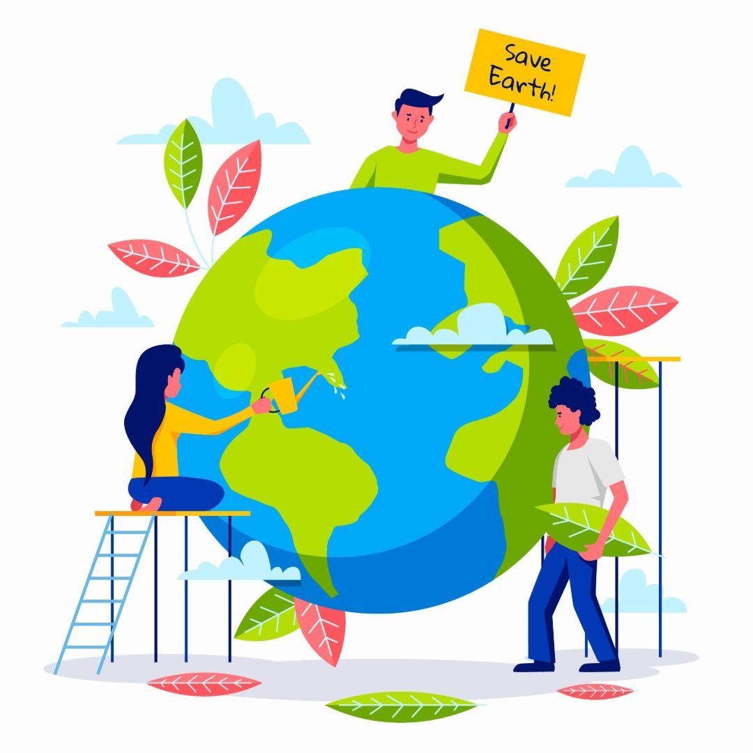 Im ikonographischen Stil gestalten junge Menschen eine Erdkugel mit gr&uuml;nen Ideen.