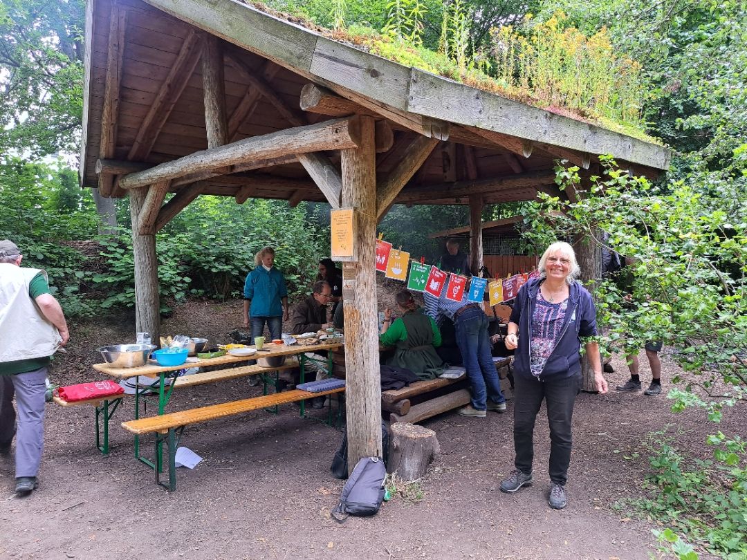 Das Bild zeigt die 17 Nahchaltigkeitsziele und das Kochen am Lagerfeuer unter einem Holzpavillon.