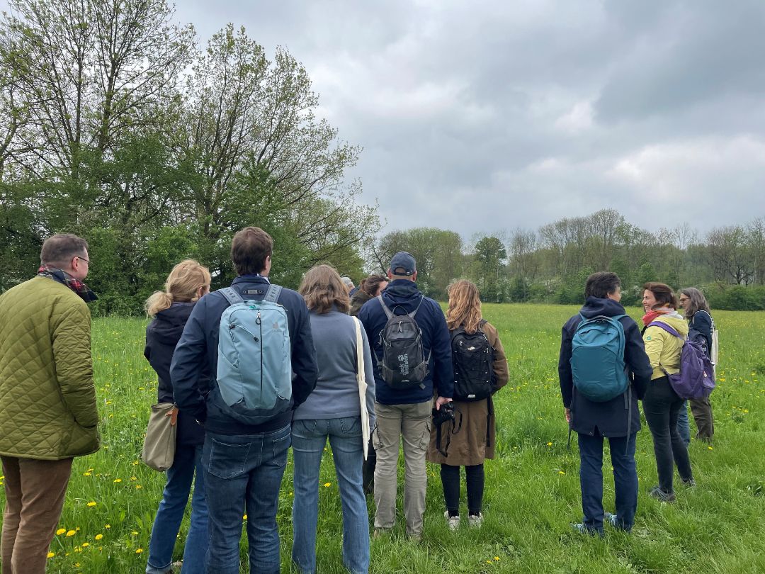Etwa 15 erwachsene Personen befinden sich auf einer Wiese. Sie ist neben Gr&auml;sern mit L&ouml;wenzahnpflanzen bewachsen.
Die Personen sind Teil einer Exkursionsgruppe. 
Im Hintergrund sind Geb&uuml;sch- und Baumreihen zu sehen.