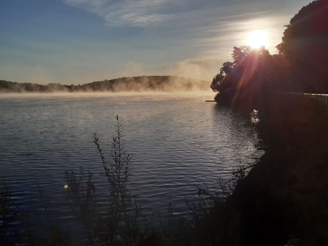 Das Bild zeigt den M&ouml;hnesee im Nebel.