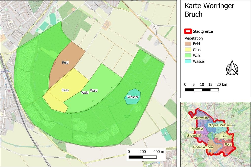 Eine Flurkarte ist mit unterschiedlichen Farben gekennzeichnet. Diese geben Aufschluss &uuml;ber die Verteilung von Waldfl&auml;chen, Wasserfl&auml;chen, Grasfl&auml;chen und landwirtschaftlichen Feldern in einem kleinen Gebiet nahe der Stadt K&ouml;ln.