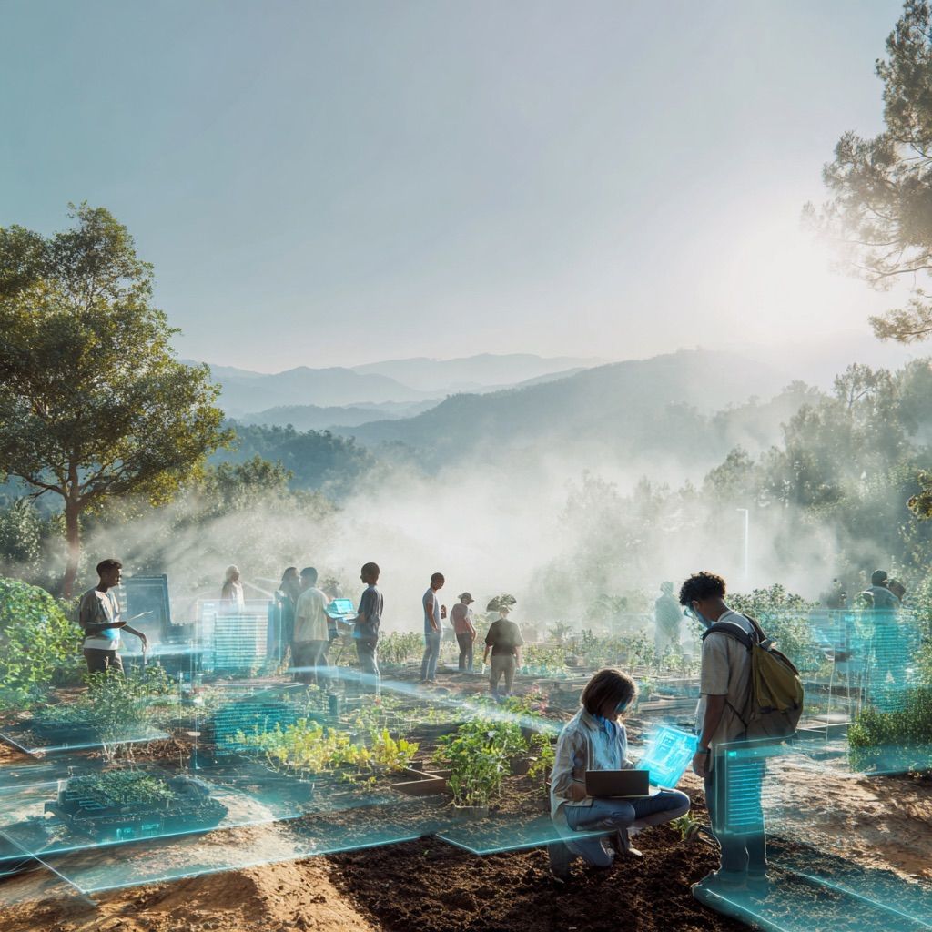 Vor einer nebligen H&uuml;gellandschaft arbeiten Menschen miteinander auf einer Art Acker, digitale Technologie wird durch transparente Strukturen dargestellt und k&ouml;nnte eine virtuelle Realit&auml;t darstellen. Einige der Personen tragen VR-Brillen.