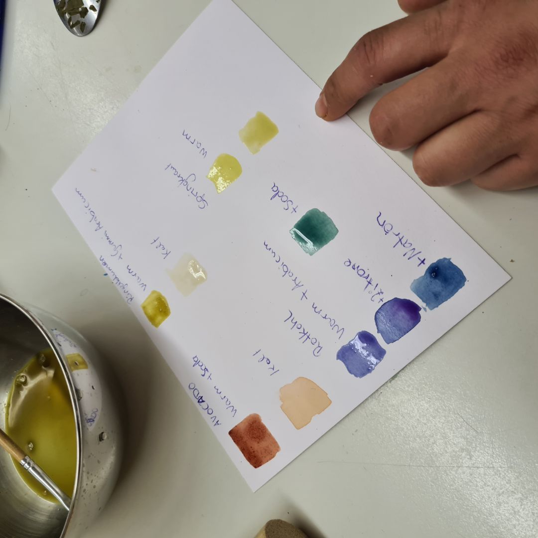 Zu sehen ist eine Farbtafel aus verschiedenen, selbst hergestellten Pflanzenfarben. Zu sehen ist die Ver&auml;nderung der Farben bei &Auml;nderung des pH-Werts, z.B. durch Natron oder Soda.