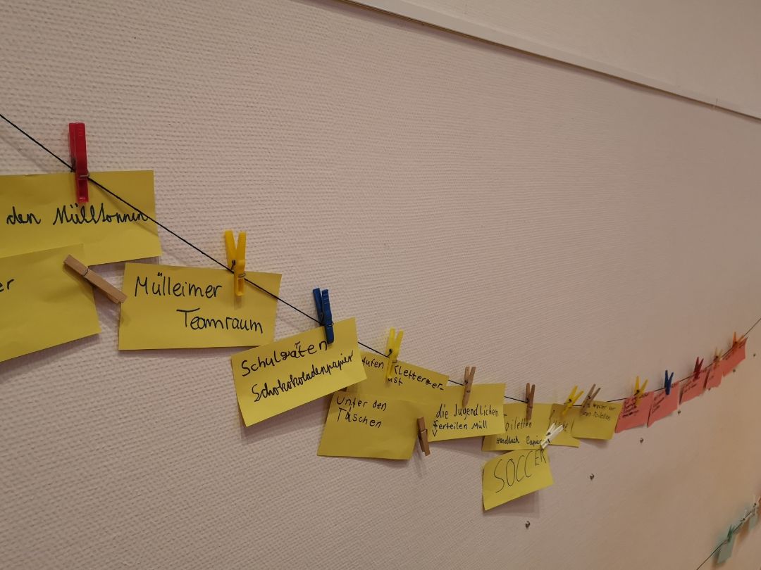 Auf dem Fotos h&auml;ngen gelbe Methodenkarten an einer W&auml;scheleine