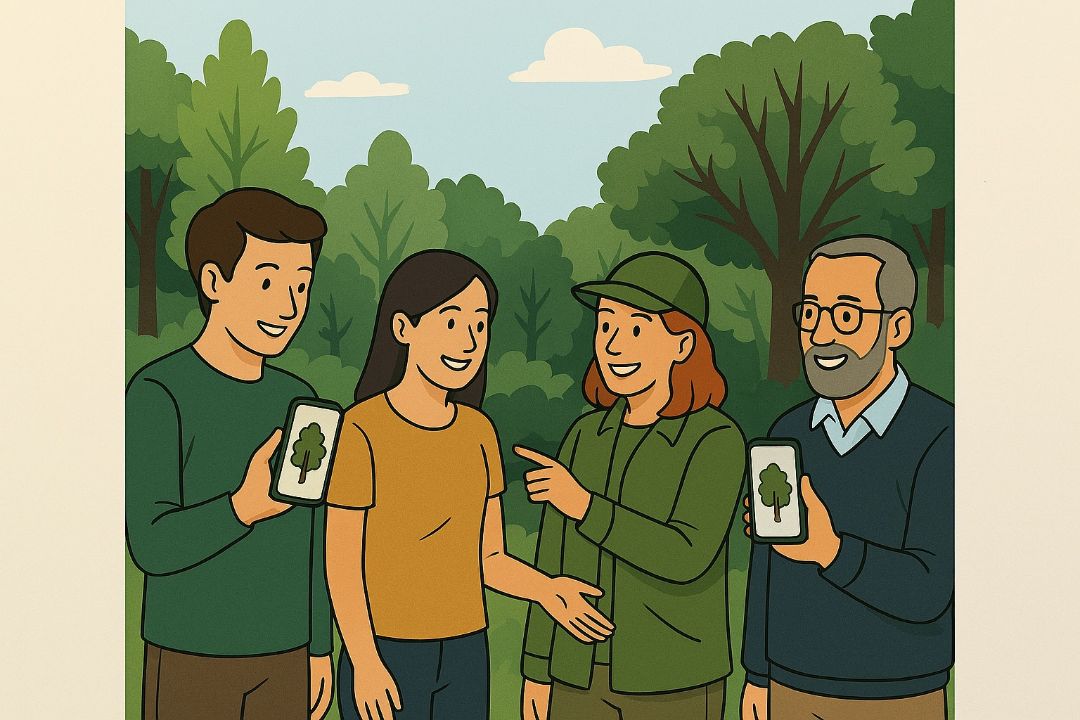 Das Bild zeigt eine gezeichnete Gruppe von vier Personen in einem Wald, umgeben von gr&uuml;nen B&auml;umen und blauem Himmel mit Wolken. Zwei Personen halten Smartphones, auf deren Displays stilisierte Baum-Symbole zu sehen sind, welche die Nutzung von Baumerkennungs-Apps verdeutlichen. Es ist zu erkennen, dass diese Personen sich &uuml;ber den auf den Smartphones wiedergegebenen Inhalt austauschen.