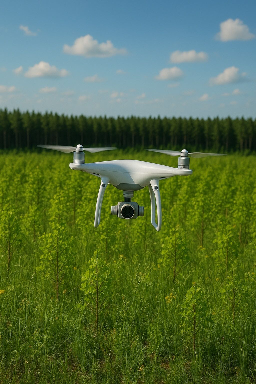Eine wei&szlig;e Drohne mit vier Rotoren, die knapp &uuml;ber einer gr&uuml;nen, mit etwa 2 m hohen Setzlingen bepflanzten Aufforstungsfl&auml;che fliegt.