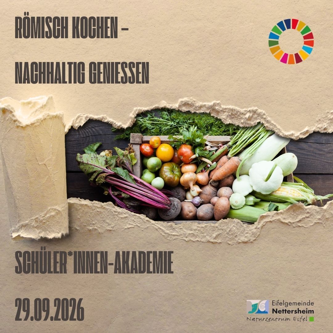 Eine Bildcollage zeigt insgesamt vier Bilder, die alle das Thema der Veranstaltung "R&ouml;misch kochen - nachhaltig genie&szlig;en" aufgreifen. Zwei Bilder zeigen regionale Gem&uuml;sesorten, wie Knollen, Lauch oder Karotten. Zwei weitere Bilder geben Einblicke in die Taverne der Gemeinde Nettersheim, wo die Veranstaltung stattfinden wird.