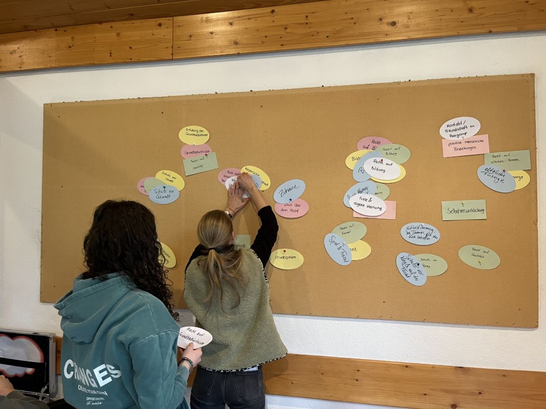 Teilnehmende sammeln und sortieren Kinderrechte an einer Korkwand.