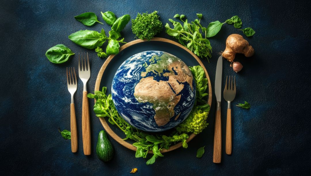 Eine fotografierte Erdkugel liegt auf einem Speiseteller. Rund um den Teller liegen auf dem Tisch sowohl Essbesteck als auch unterschiedliche Kr&auml;uter wie z.B. Basilikum und Petersilie. 