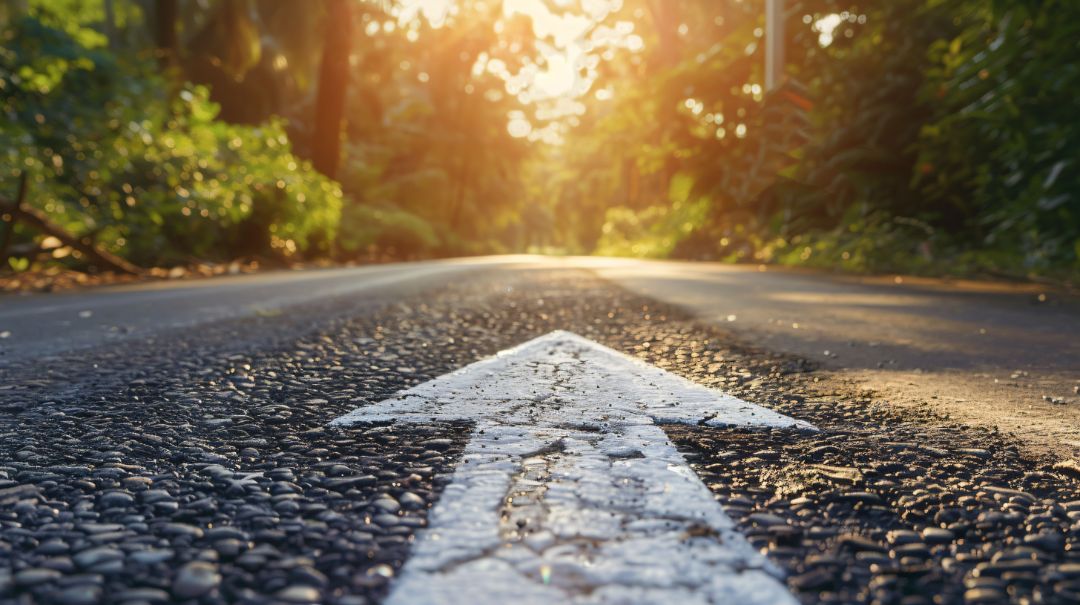 Ein geradeaus zeigender Pfeil ist auf den Asphalt einer Stra&szlig;e gezeichnet. Die Stra&szlig;e ist von  B&auml;umen ges&auml;umt und durch die Baumkronen fallen Sonnenstrahlen.