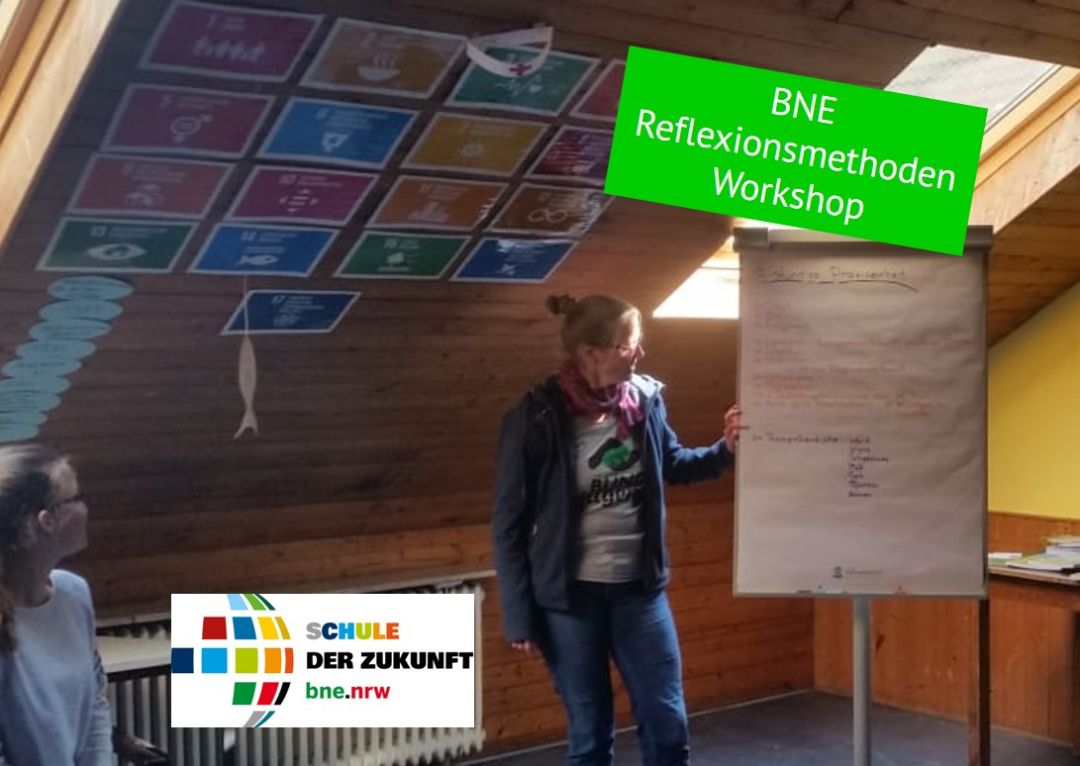 Frau steht neben Flpchart und erkl&auml;rt diese. Hinter ihr h&auml;ngen an der Wand SDG Bilder. Davor ist eine andere Frau sichtbar die zuh&ouml;rt.