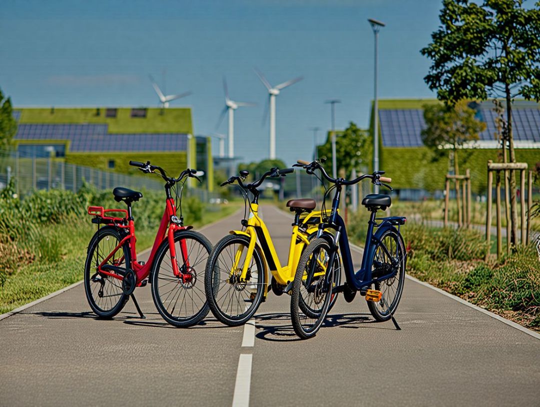 Drei Fahrr&auml;der stehen auf einer Stra&szlig;e, dahinter Windr&auml;dern und Solaranlagen