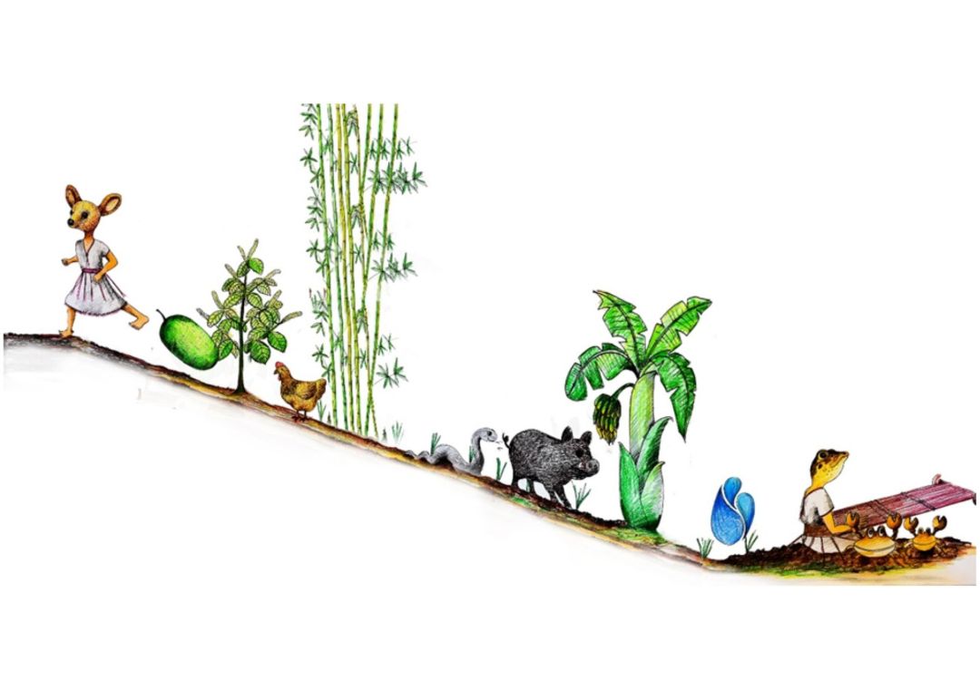Die Illustration zeigt eine Zeichnung verschiedener Lebewesen an einem Hang: links ein Reh in einem Kleid, rechts davon bergab aufeinander folgend einen Baum, ein Huhn, einen Bambusbusch, eine schlange, ein Wildschwein, eine Bananenstaude, eine blau bl&uuml;hende Blume, einen knienden Frosch in einem Kleid und 2 Krabben mit hochgereckten Scheren.