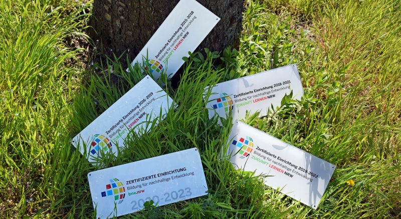 Fünf Auszeichnungsschilder der BNE-Zertifizierung NRW sind auf einer Wiese an einen Baumstamm gelehnt. 