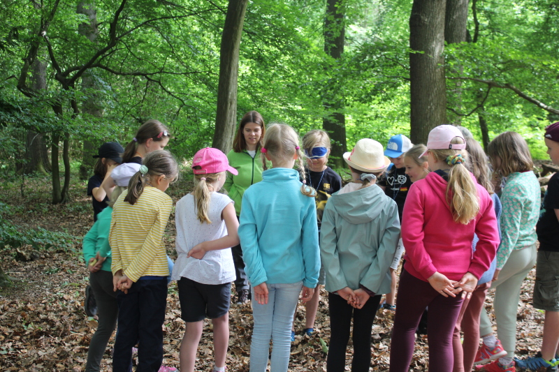 Eine Kindergruppe erlebt bei einer Blind-Übung mit Augenmaske den Wald mit allen Sinnen.