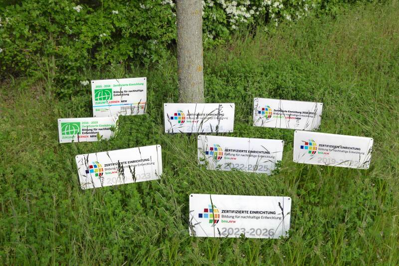 Auf einer Rasenfläche um einen Baum herum sind acht BNE-Zertifizierungshausschilder angeordnet.