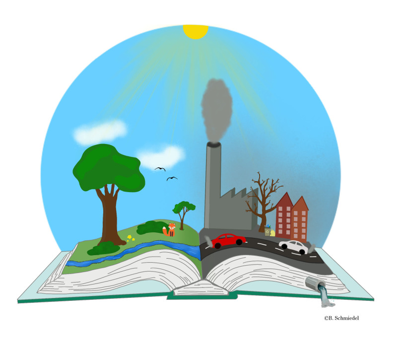 Aufgeschlagenes Buch, mit zwei unterschiedlichen Seiten. Links Natur mit Baum und blauem Himmel; rechts graue Stadt im Dunst