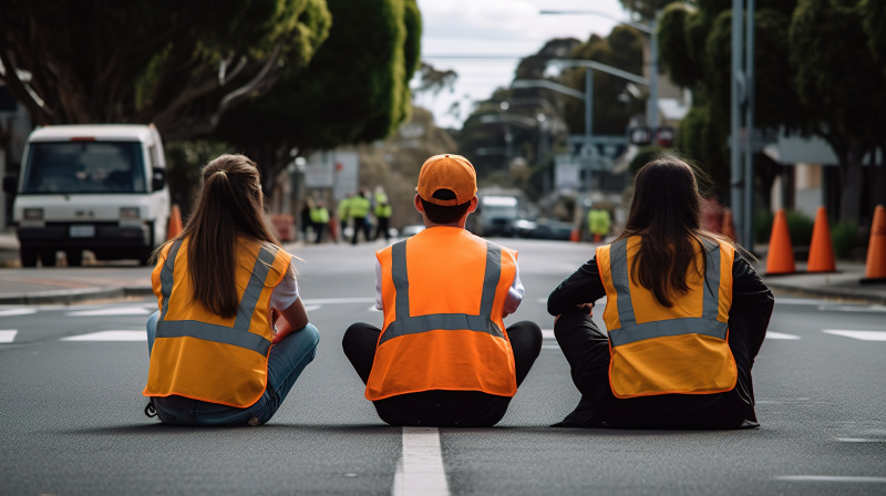 Drei Jugendliche der "letzten Generation" sitzen in Warnwesten auf der Straße. Vor ihnen sind Autos und LKWs, die an einer Ampel stehen. 